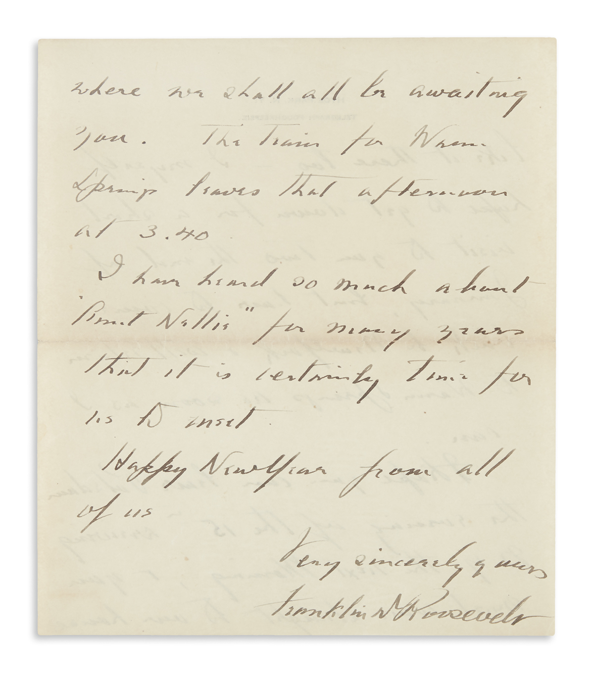 ROOSEVELT, FRANKLIN D. Autograph Letter Signed, to his personal secretarys aunt Nellie Graffin (My dear Miss Graffin),